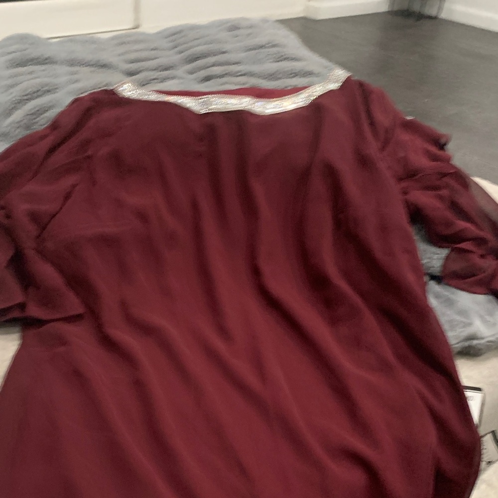 MSK Wine Red Tunic with Crystal-Trim Neckline